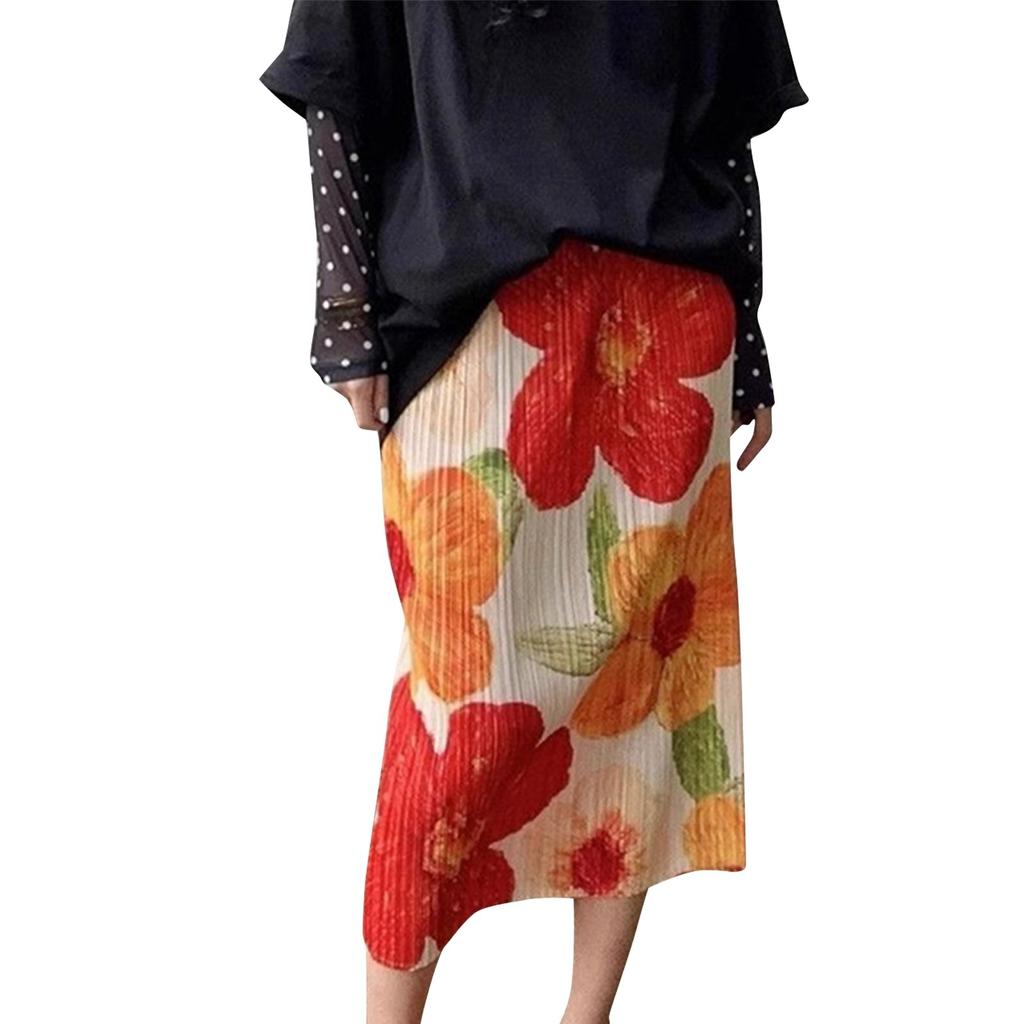Ladies' Fashionable Midi Skirt With Pleated Print And Elastic Waist, Mid Length Skirt