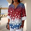 Women's Fashion Casual Button V-Neck Cotton And Linen Independence Day Printed Seven Sleeve T-Shirt Top