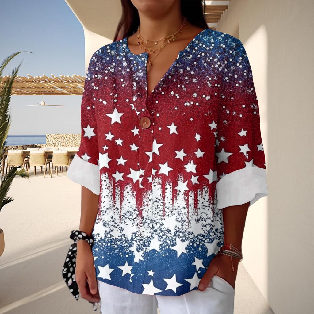 Women's Fashion Casual Button V-Neck Cotton And Linen Independence Day Printed Seven Sleeve T-Shirt Top