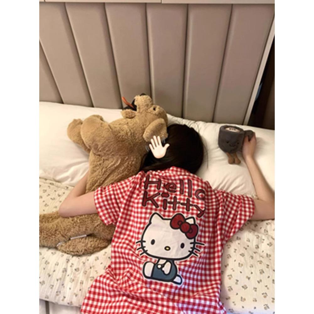 ins Korean plaid pajamas women s summer cloud cotton short-sleeved set loungewear Xiaohongshu popular spot M