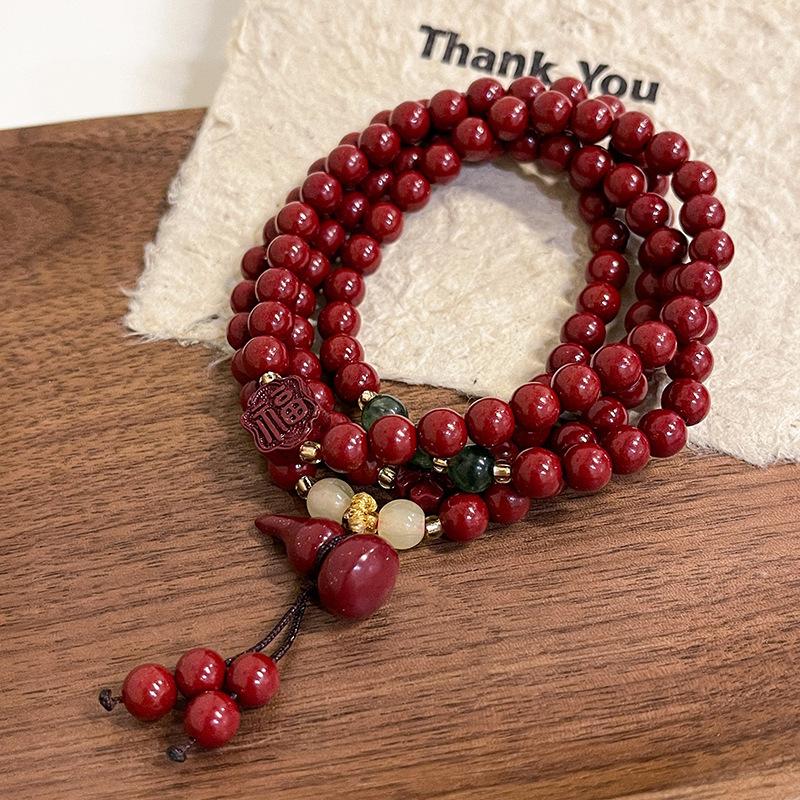 

Multi-layered gourd-shaped cinnabar bracelet with the character Fu for women, light luxury niche exquisite beaded bracelet, vintage necklace, Fu Character Gourd Cinn