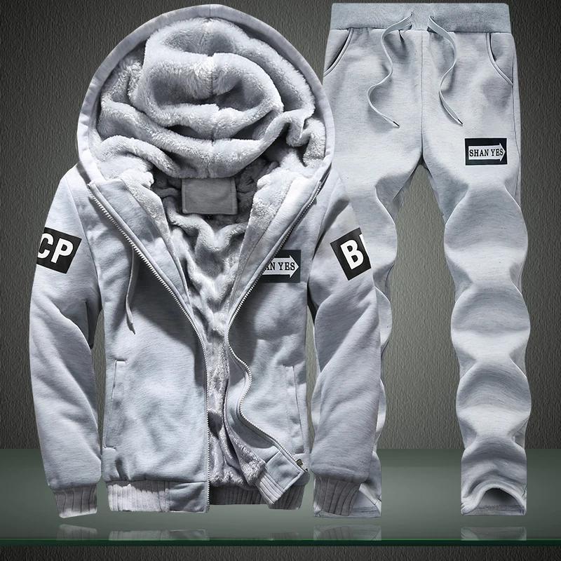 Winter Fleece Thicken Men's Two-piece Zipper Sports Set Hooded Thermal Suit Casual Oversized Tracksuit 4XL 5XL Funny Suit