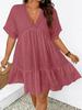 2026 summer V-neck dress for women, short-sleeved loose pleated A-shaped thin short skirt
