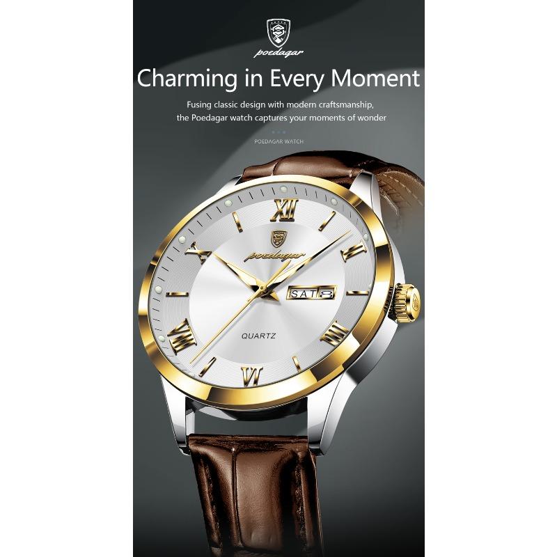 POEDAGAR Luxury Fashion Watch for Man Leather Date Week Casual Quartz Clock Waterproof Luminous Business Watches Reloj
