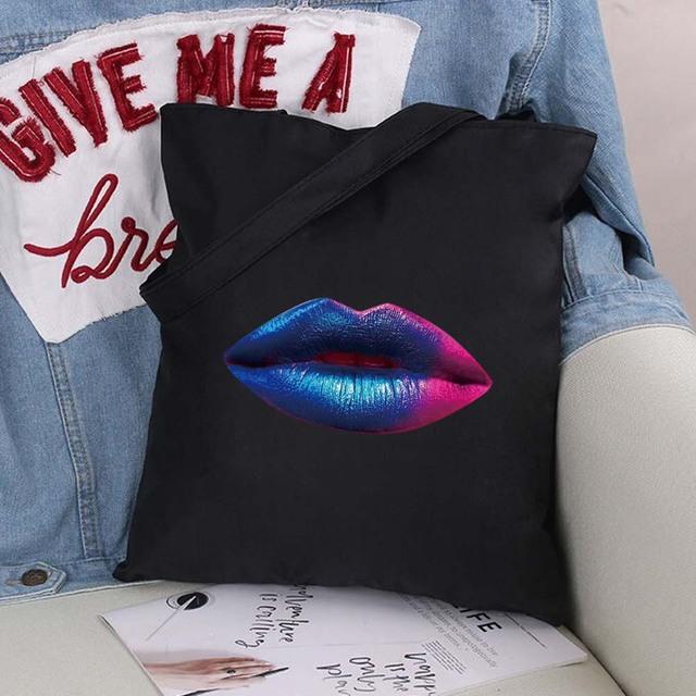 Sexy Lips Large Capacity Women Shopping Bags Shoulder Bag Fashion Black Printing Foldable Handbag Canvas Tote Bag