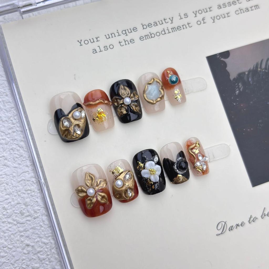10pcs Amber Cat Eye Press On Nails Gold Glitter Short Square Fake Nails Brown Gradient Vintage Autumn Winter
