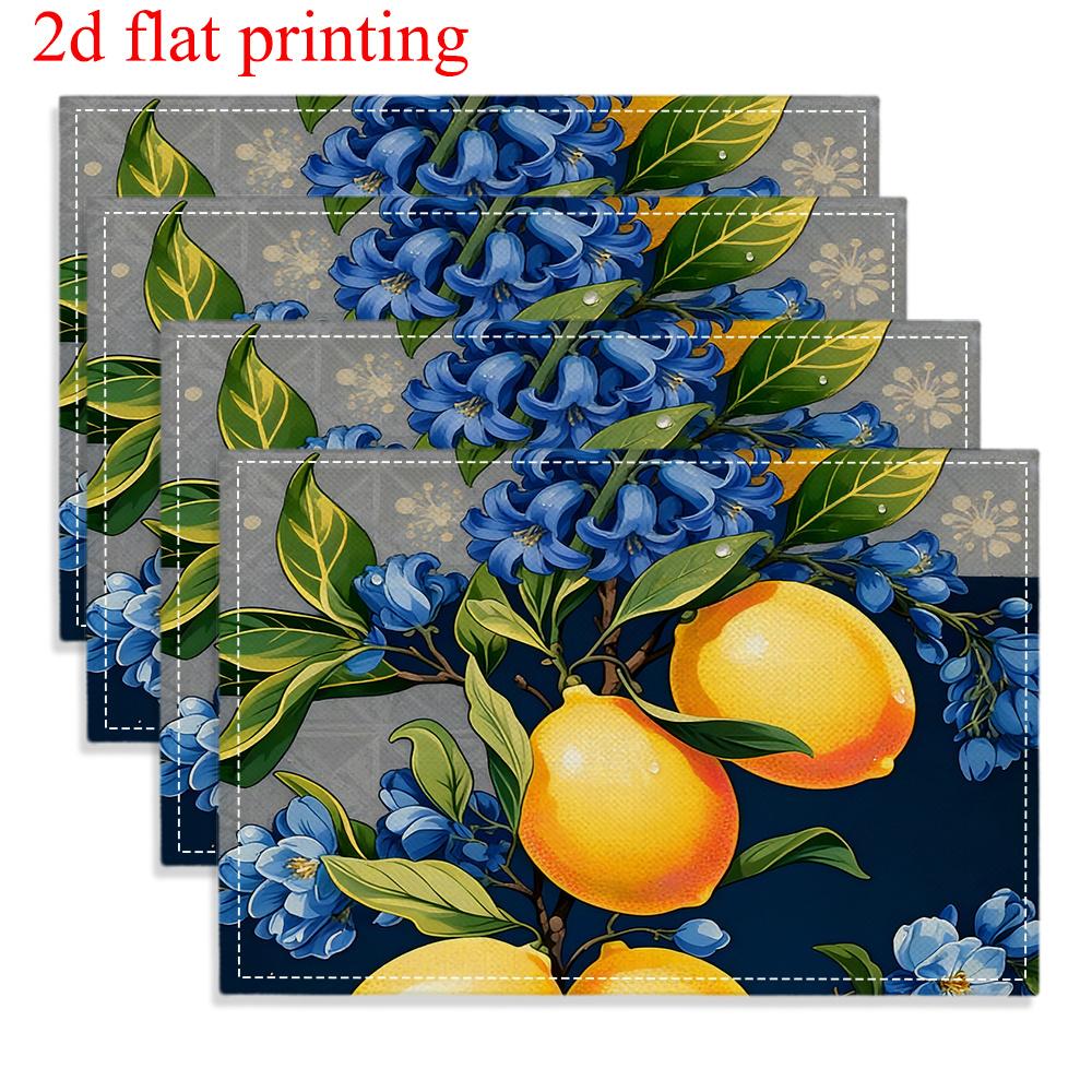 4pcs 2D FLAT Digital Print Placemats, Blue Flower Green Leaf Yellow Lemon Pattern Printed Placemats, Make Your Dining Room More Beautiful, Perfect for