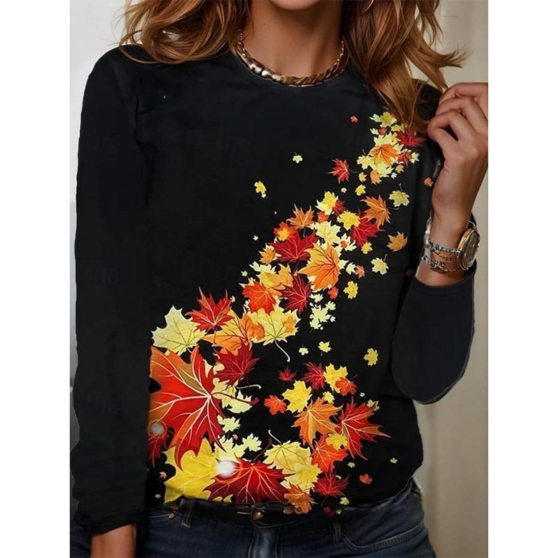 Camiseta de Manga Larga con Cuello Redondo y Estampado de Hojas para Mujer, Top Casual de Moda, Ropa Jersey