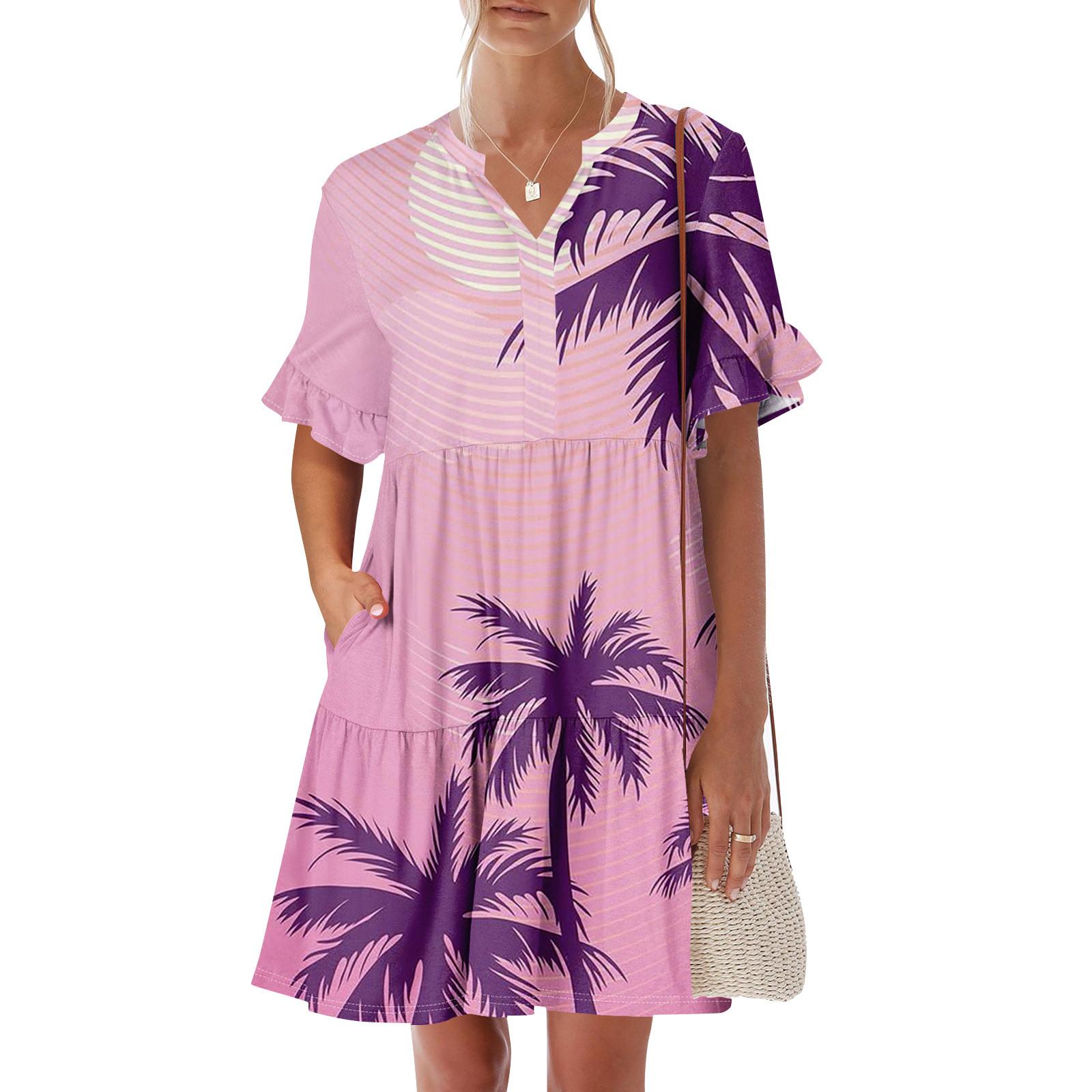 

Жіноча літня сукня з коротким рукавом, V-подібним вирізом, короткі сукні, мода, повсякденний, квітковий, бохо, рюшами, трапецієподібний, свінг-сарафан з кишенями M