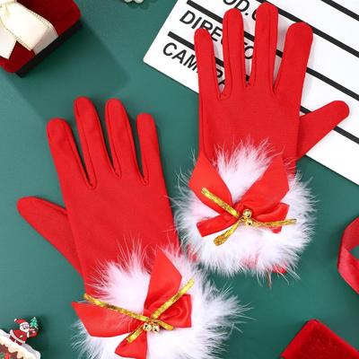 1 para Świąteczne Czerwone Rękawiczki, zimowe Ciepłe Rękawiczki Mikołaja z Kokardką Cosplay Damskie Krótkie Elastyczne Dodatki Kostiumowe na Imprezę Świąteczną