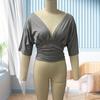 Women Tops Puff Sleeves V Neck Slim Fit Pleated Waist Pullover Tops Pure Color Summer Short Tops Daily Wear