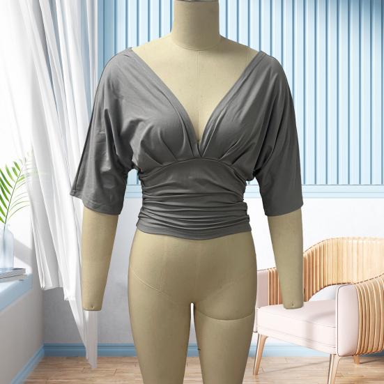 Women Tops Puff Sleeves V Neck Slim Fit Pleated Waist Pullover Tops Pure Color Summer Short Tops Daily Wear