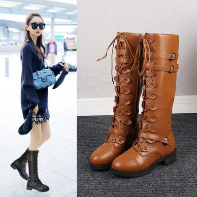 Fashion Boots for Women's European American Tide Round Head Middle Heel Lace-up Knee Boot Side Zipper Large Size Women Boots Boats Mujer