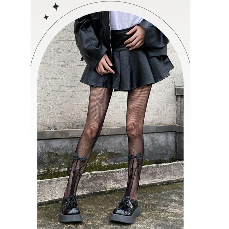 Women Japanese Ballet Sheer Mesh Pantyhose Stockings Crisscross Pattern Cute Ribbon Bowknot Fishnet Tights Leggings