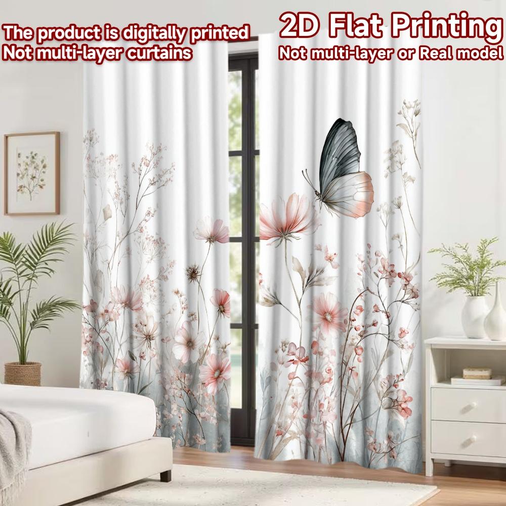 2D Flat Printing 2pcs Curtain Party Curtains Spring Butterfly and Flowers Digital Printed Polyester Drapes Holiday Decorations
