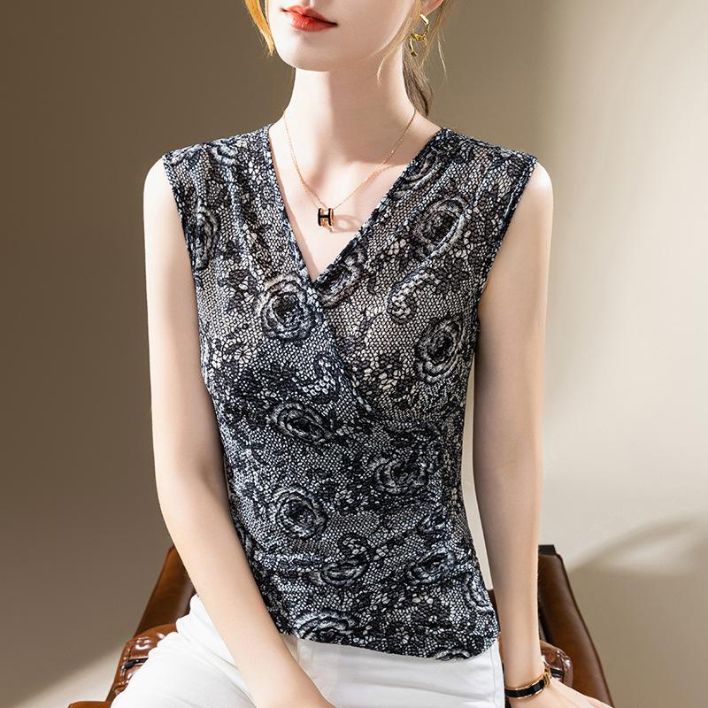 

Жилет на подтяжках Новая женская рубашка с принтом с V-образным вырезом крест-накрест Темпераментный топ без рукавов 3XL чёрный