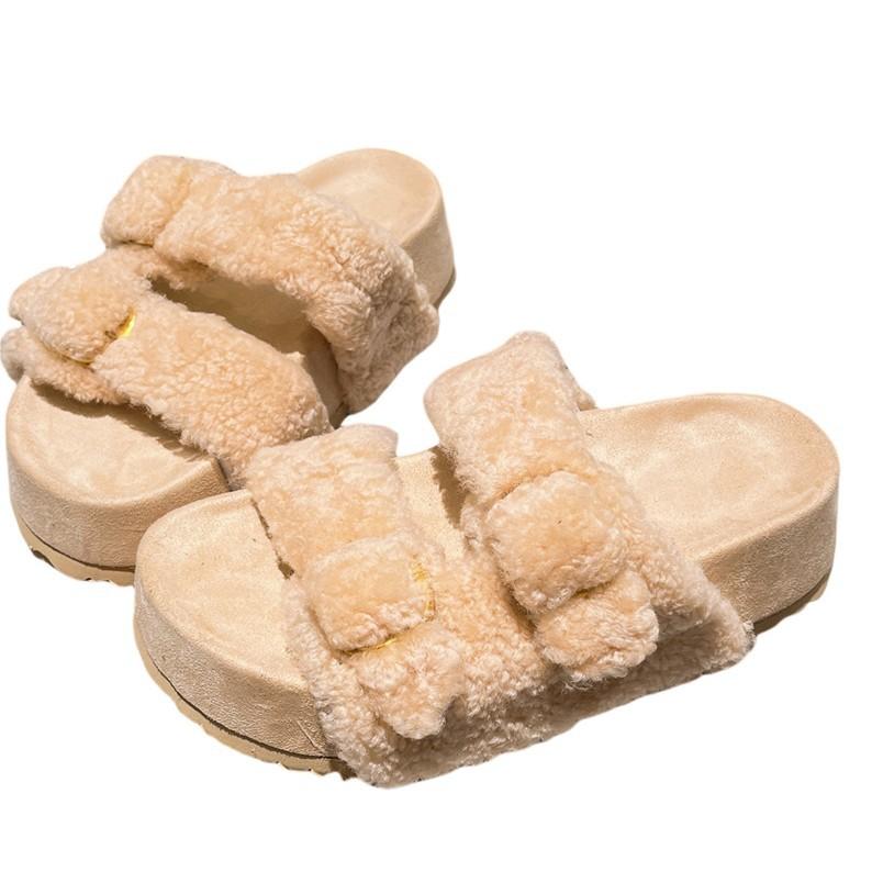 Winter Fashion Thick-soled Casual Lamb Wool Slippers Women Wear Lazy Fur Integrated Open-toed Fluffy Slippers Women's Shoes