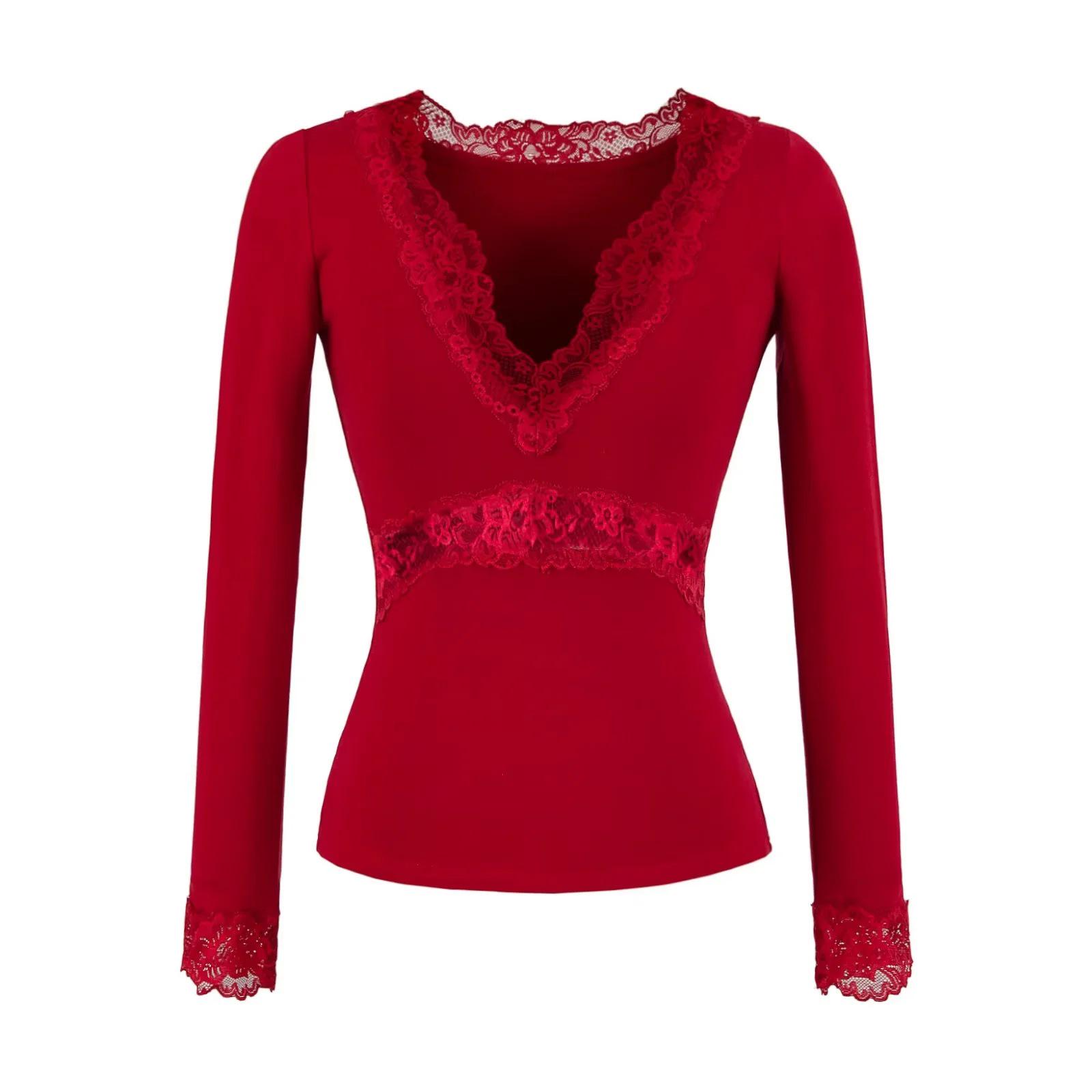 Women s Pure Desire V-neck Lace Trim Long Sleeve T-shirt - Slimming Sexy Base Layer for Spring/Autumn 2026 Medium