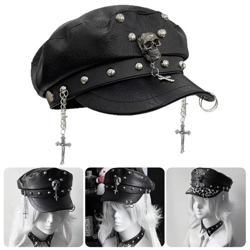 2000s Punk Rivet Studded Cricket Cap With Skull Crossed Decor Beret Hat For Women Western Theme Party Casual Outfit Accessory