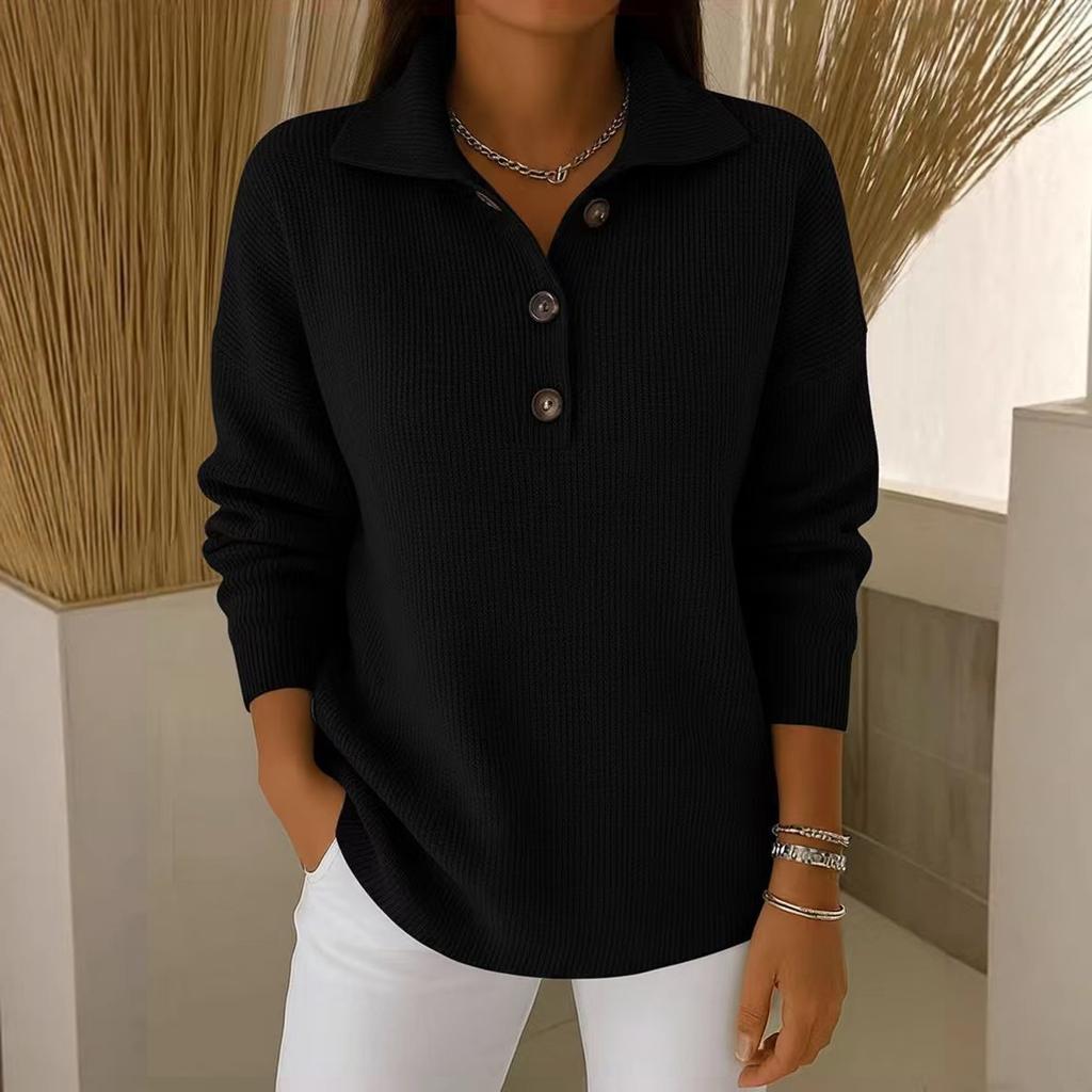 Women's Long Sleeve Pullover Sweater Button Front Knit Top with Collar Casual Lightweight Soft Fabric