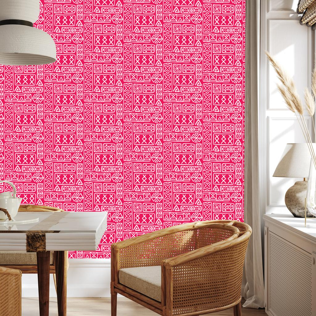 Polynesian Geometric Pattern Wallpaper Powder Pink and Rose 50x1000