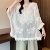 DIMANAF 2025 New Summer V-Neck Buttons Shirt Women Lace Blouse Short Sleeve Fashion Tops Tees Casual Loose Green Tees