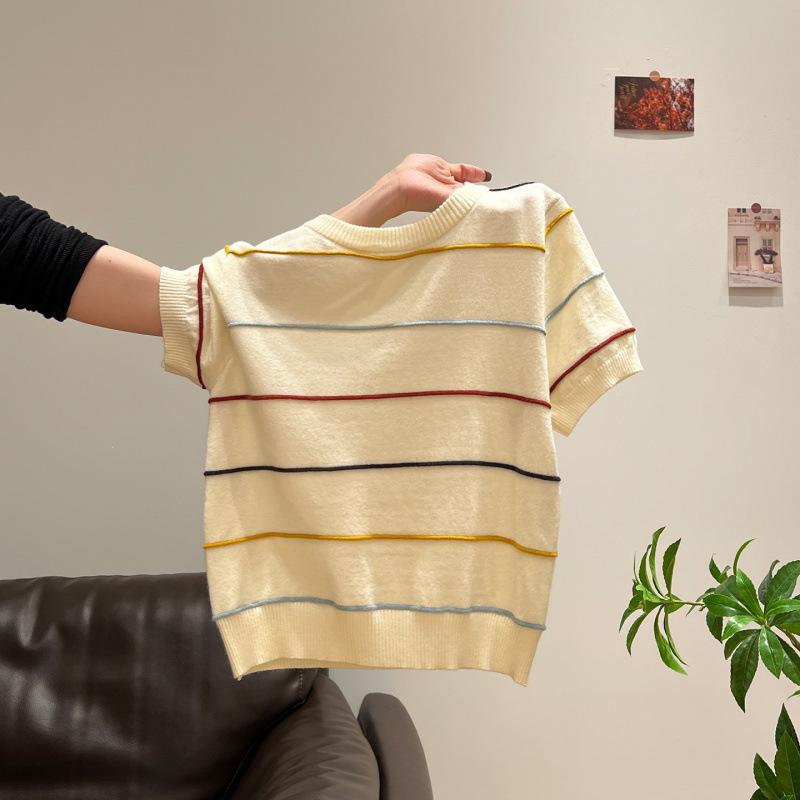 Women s Crew Neck Short Sleeve Knit Top Slim Fit Casual Colorful Stripe Cropped Pullover Sweater S