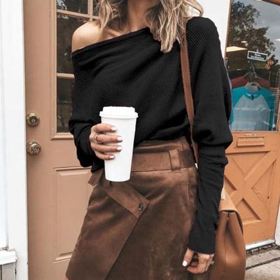 Sexy Women Solid Color Off Shoulder Long Sleeve Sweater Loose Knitted Pullover