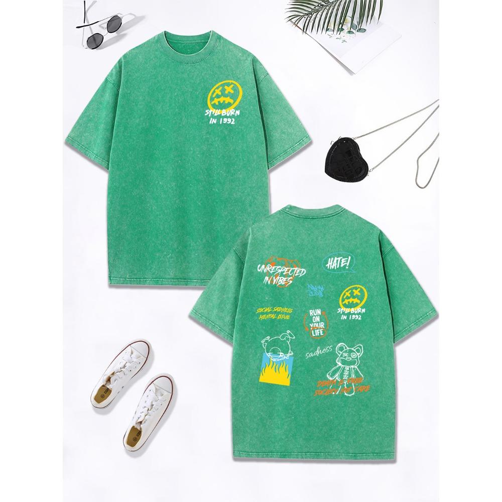 Little Bear Text Graffiti Prints Washed T-Shirt Women Cotton Oversized Tops Comfortable Distressed O-Neck T Shirt Clothes
