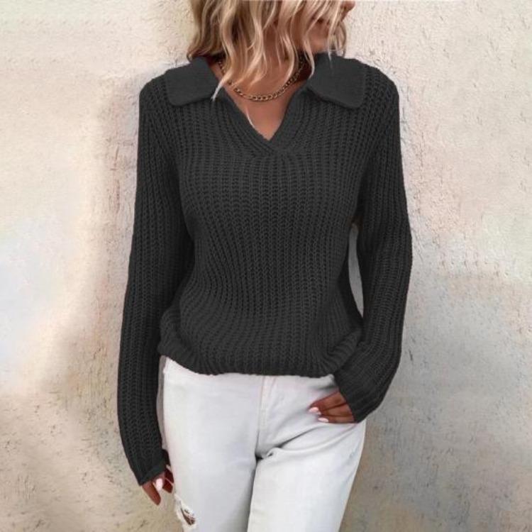 Women Slim Turn Down Collar Long Sleeve Solid Color Knitted Sweater Jumper Autumn Winter Female Clothing