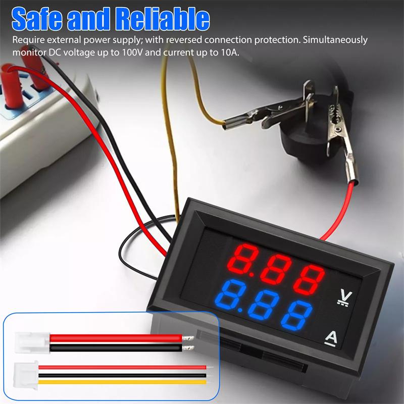 1Pc 0-100V 10A Digital Voltmeter Ammeter Dual Display Voltage Detector Current Meter Panel Volt Gauge 0.28" Red Blue LED.