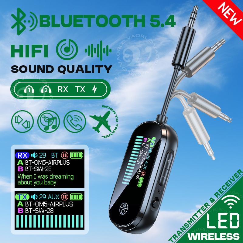 Upgrade Color LED Display Bluetooth 5.4 Transmitter Receiver 3.5mm AUX HIFI Stereo Audio Wireless Adapter With Mic For TV PC Car