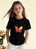 Black Girls Short Sleeve Tee Happy Life Colourful Slogan Vibrant Gradient Butterfly Retro Letter Graphic Casual Daily Top