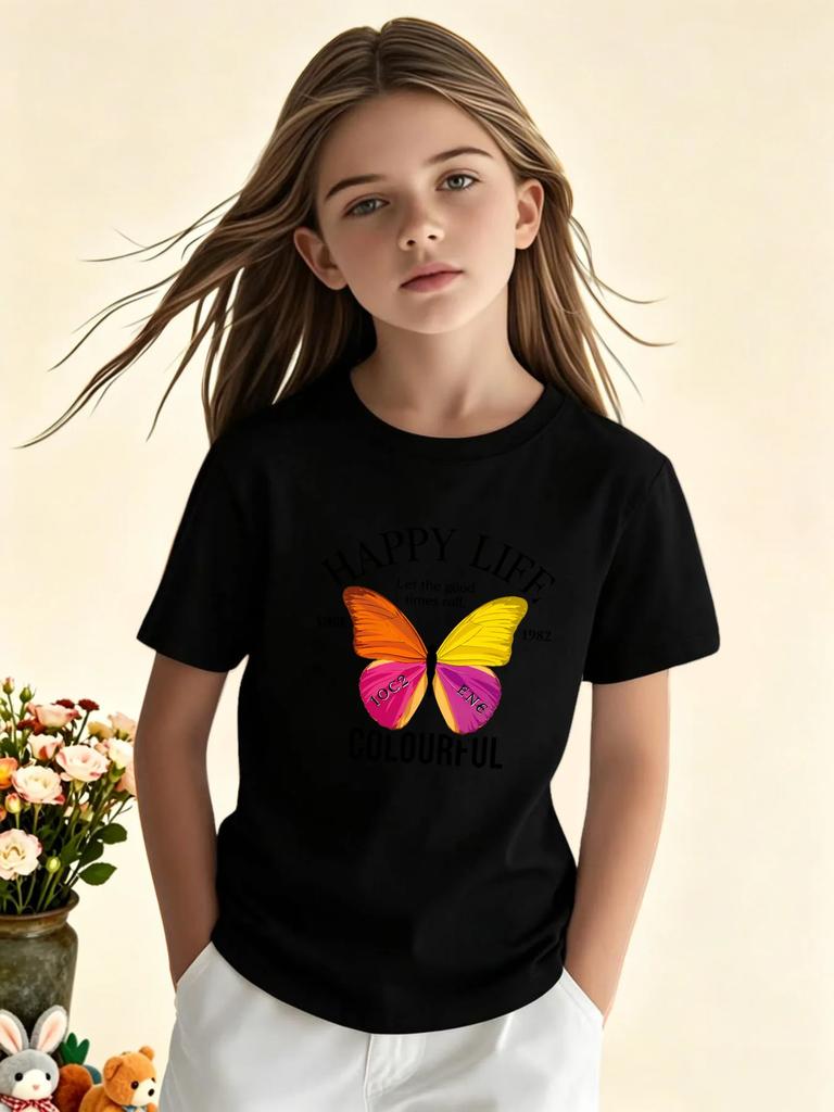 Black Girls Short Sleeve Tee Happy Life Colourful Slogan Vibrant Gradient Butterfly Retro Letter Graphic Casual Daily Top
