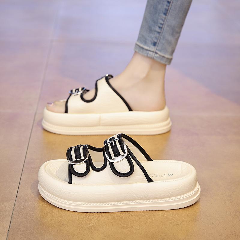 

Stick slippers and wear thick women 2025 summer feeling beach explosion comfortable magic bottom step on shit thick bottom sandals tide 40 бежевый