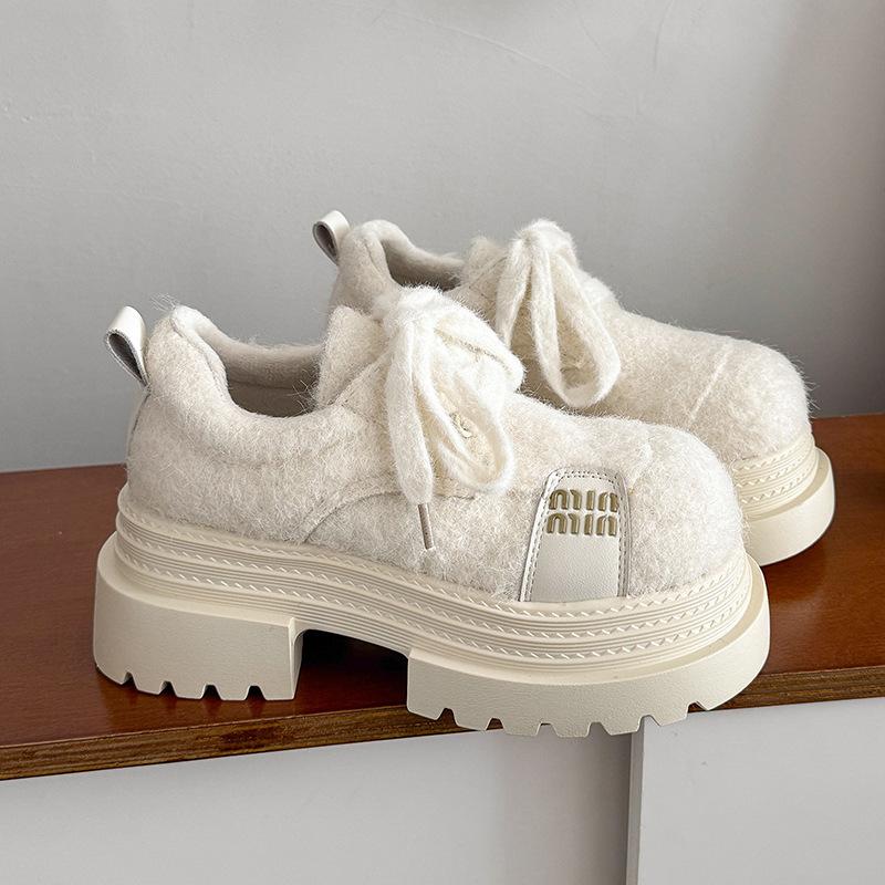 [Fanfna] European big head lace-up muffin platform loafers women's versatile small height-increasing fluffy women's shoes