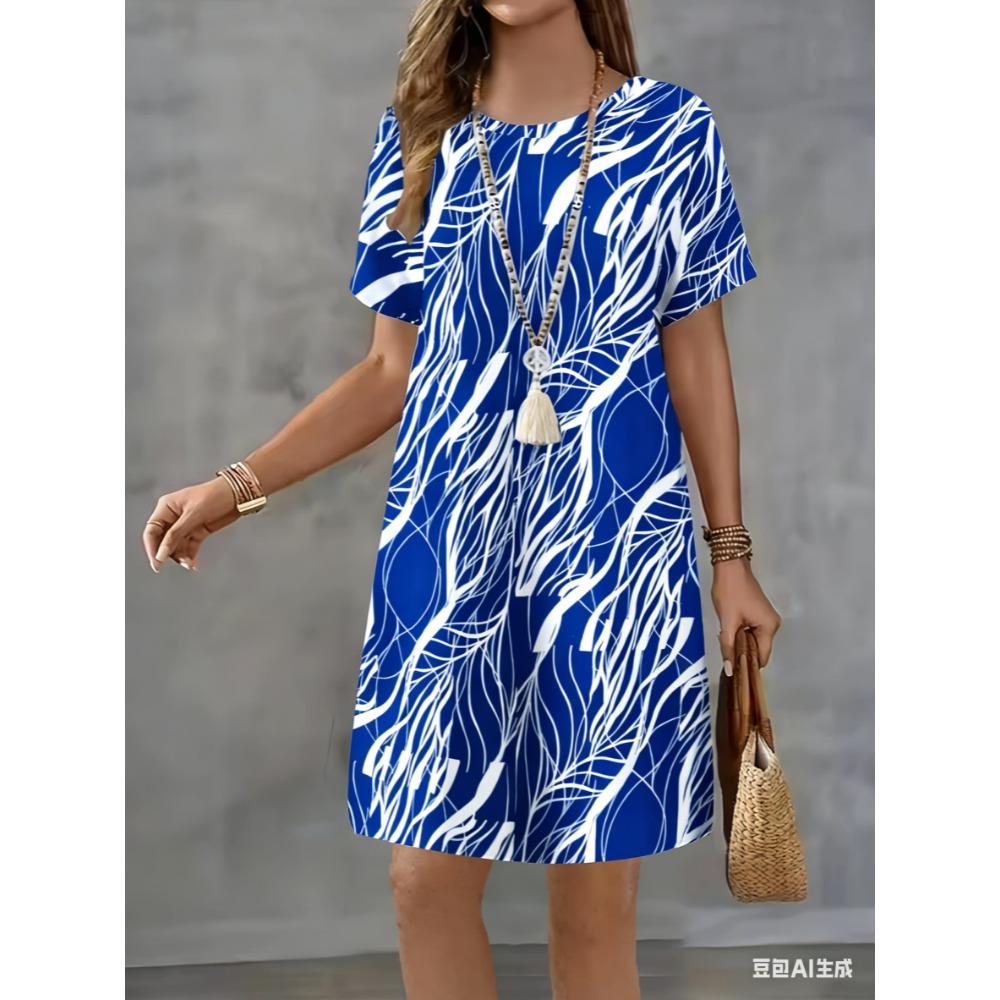 Fashionable and elegant striped printed dress for ladies, trendy casual mini skirt for summer, short-sleeved round-neck casual A-line skirt