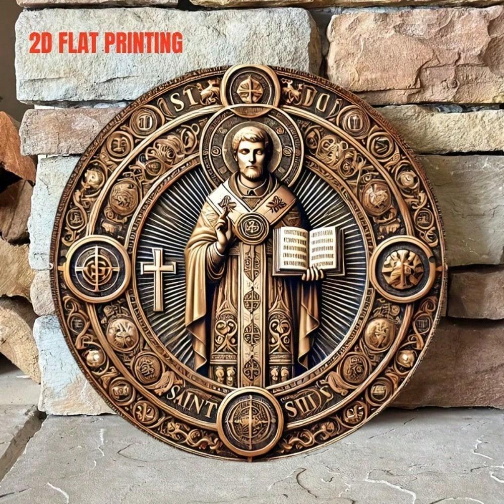 

Vintage Saint Benedict Round Wooden Wall Art 8 Inch Religious Plaque with Gold Ornate Cross Floral Catholic Home Decor 20x20 різнокольоровий