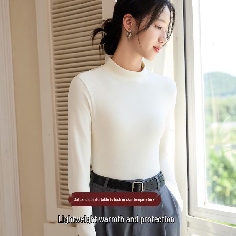 Women's Korean Style Wool Tencel Lyocell Base Layer Top with Semi-High Neck and Long Sleeves - Mia Biya Warm Underwear