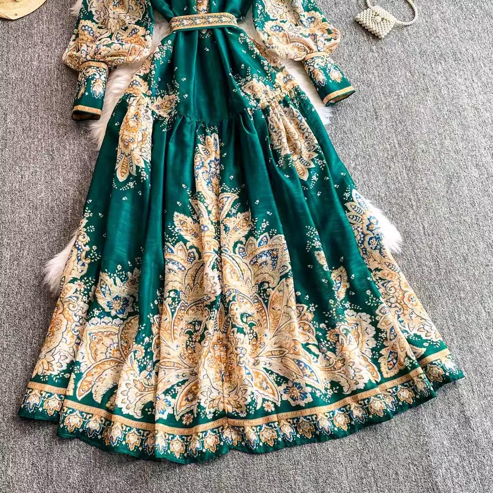 Robe de soirée longue et élégante pour femme, style vintage, style palais, surdimensionnée, avec ceinture imprimée, style festival, nouvelle collection printemps-été