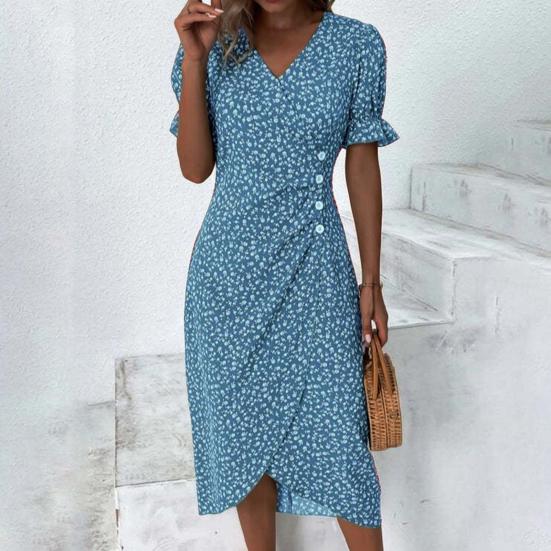 Zeagoo A-lijn jurk voor dames, V-hals, zomerjurk, elegante bloemenjurk, korte mouwen, vrijetijdsjurk, jerseyjurk, knielang, swing, stretchy jurken, A Zwart, M