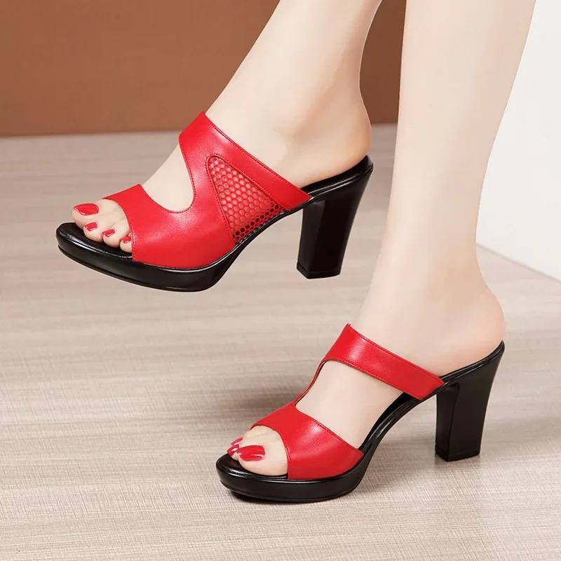 

8cm Small Size 32-43 Elegant Office Ladies Cutout Mesh Leather Slippers Platform Shoes 2025 Block High Heels Slides Model Mom 32 червоний
