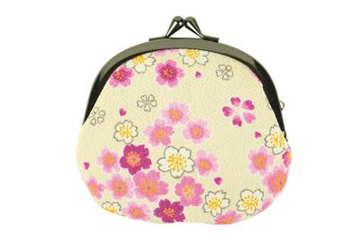 Uni Made In Futago Japanese Clasp Wallet Blossom (0224) Seni, Japan, Chirimen, Pattern, 3.3-inch Drop-Shaped [Cherry Design, Ivory]