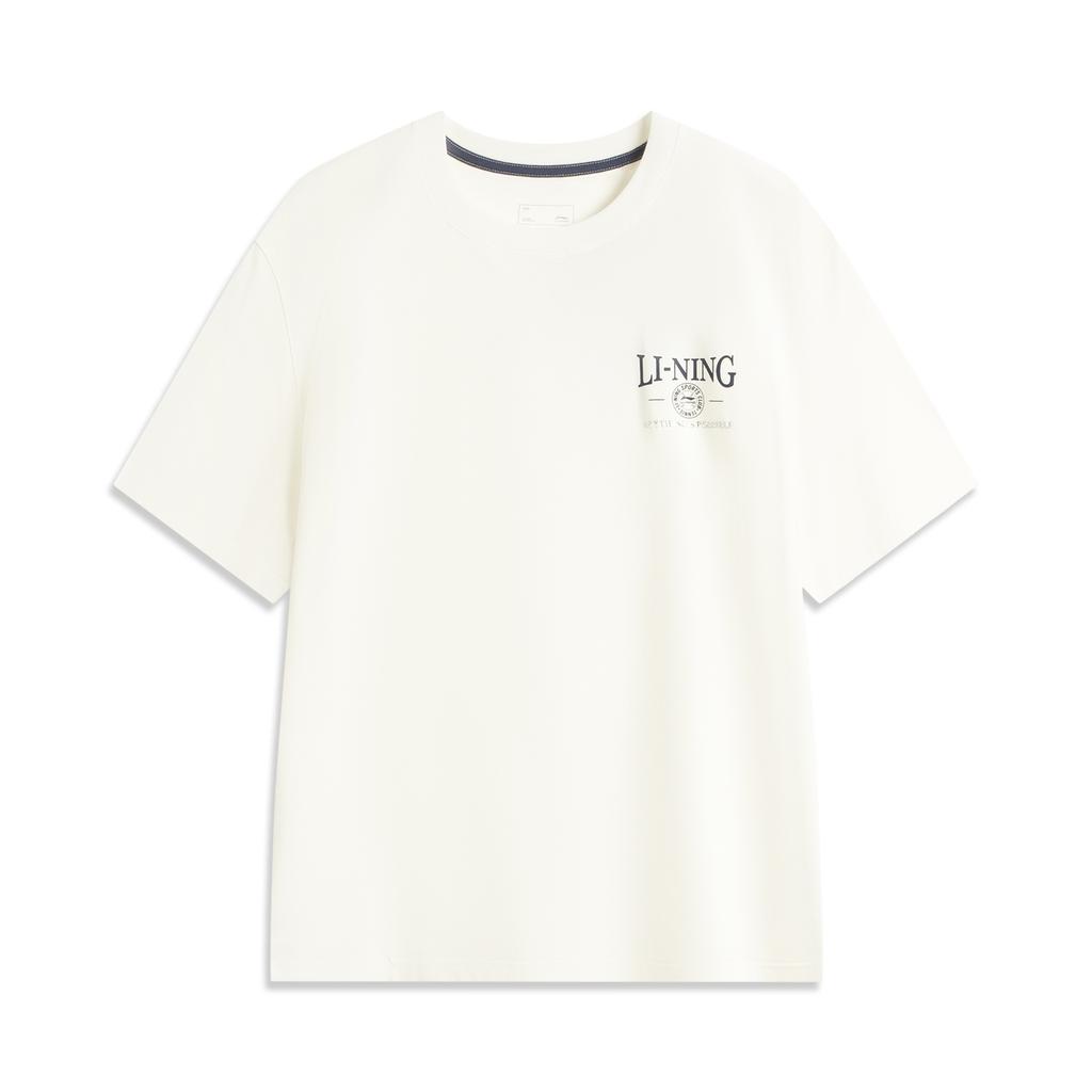 Li-Ning Simple Versatile Round Neck Loose Fit Letter Logo Drop Shoulder Short Sleeve T-Shirt Men Tops Off-White AHSV479-1