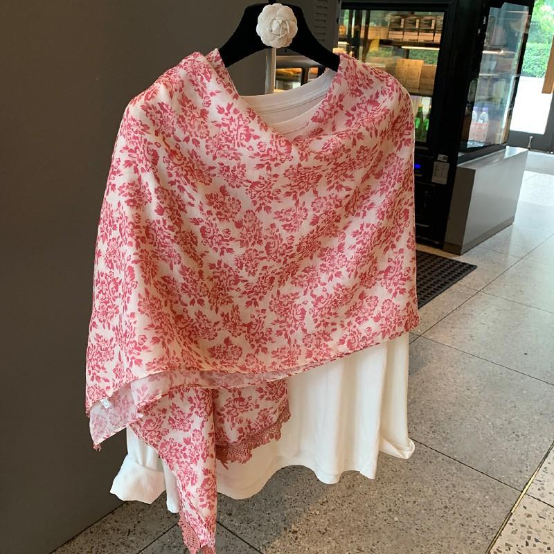 Korean Style Floral Print Scarf Women 180x90cm Lightweight Cotton Linen Shawl Fashion Accessory