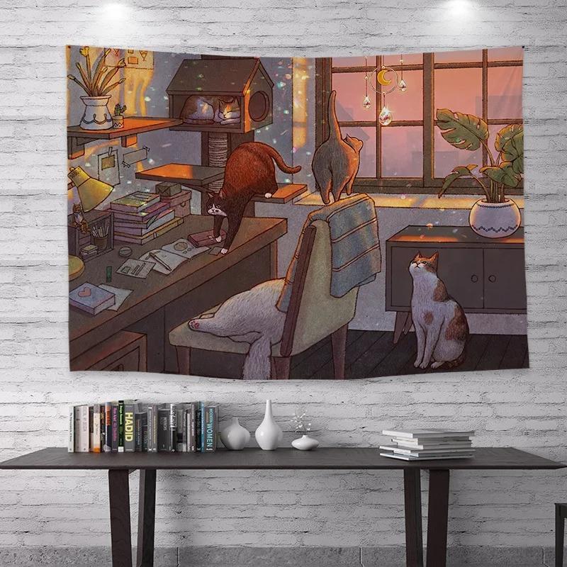Cute Cat Print Background Cloth Office Living Room Tapestry Home Wall Decoration Tapestry