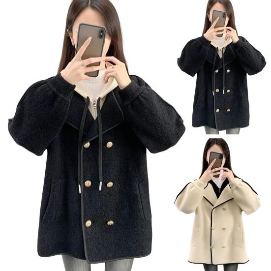 Women Jacket Fake Two-piece Drawstring Double-breasted Long Sleeves Cardigan Contrast Color Jacket
