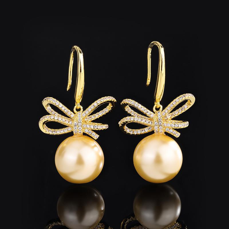 Jewelry Copper Bottom Gold-Plated Inlaid Light Gold Beads Bow Diamond-Set Female 14Mm