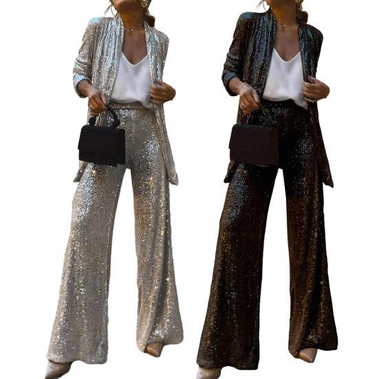 Women Pant Coat Shiny Sequin Formal Commute Style Solid Color Cardigan Long Seeve
