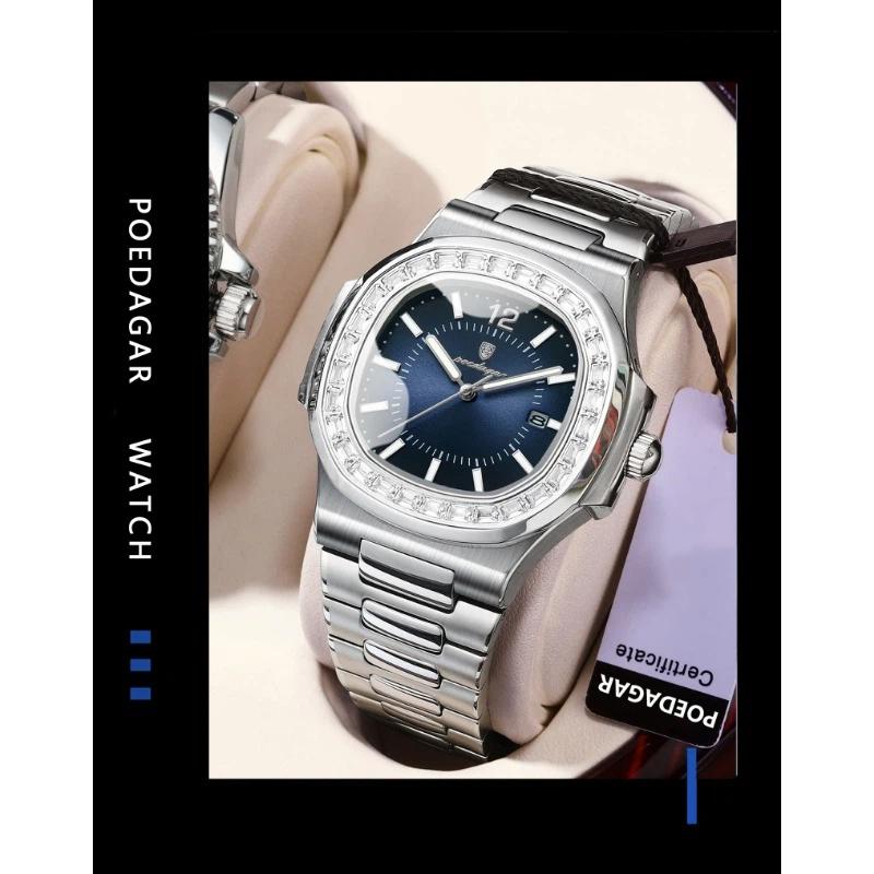 POEDAGAR Luxury Man Quartz Watch Square Watch for Men Waterproof Luminous Date Stainless Steel Watches Sports Clock reloj